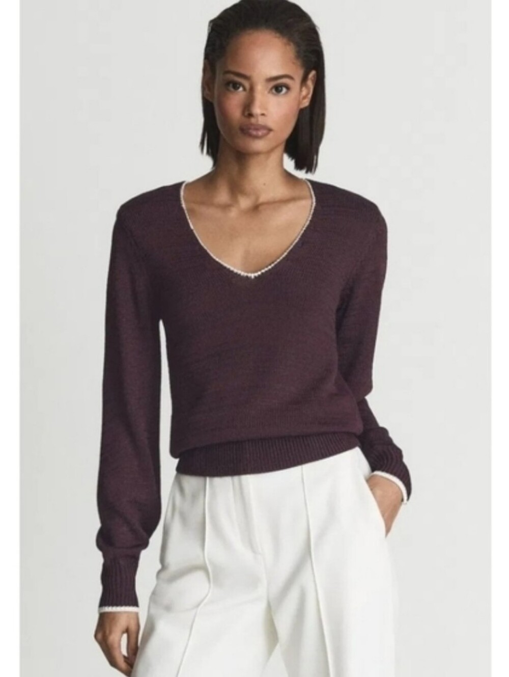 Reiss burgundy contrast ivory trim knit sweater